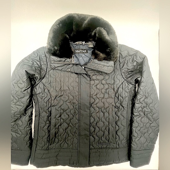 Marmot St Moritz Apres Ski Faux Fur Quilted Zip Black Winter Jacket size Large - Picture 1 of 9